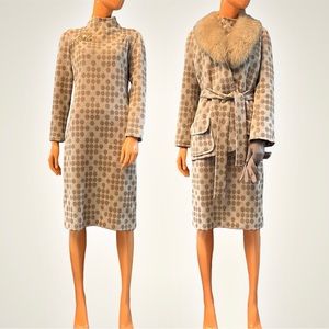 Vintage Polka Dot Long Sleeve Dress with Matching Coat - Beige
